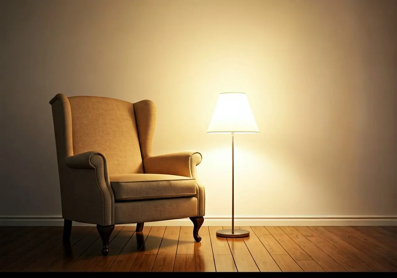 A peaceful room with soft lighting and a cozy armchair. 35mm stock photo