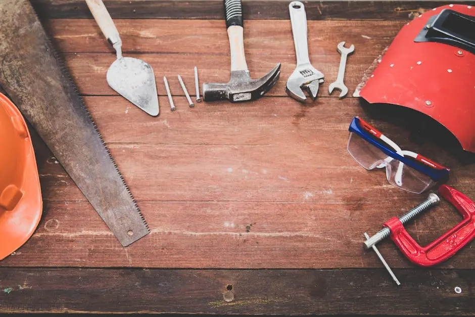 Flat lay of various workshop tools on a rustic wooden table, showcasing DIY essentials.