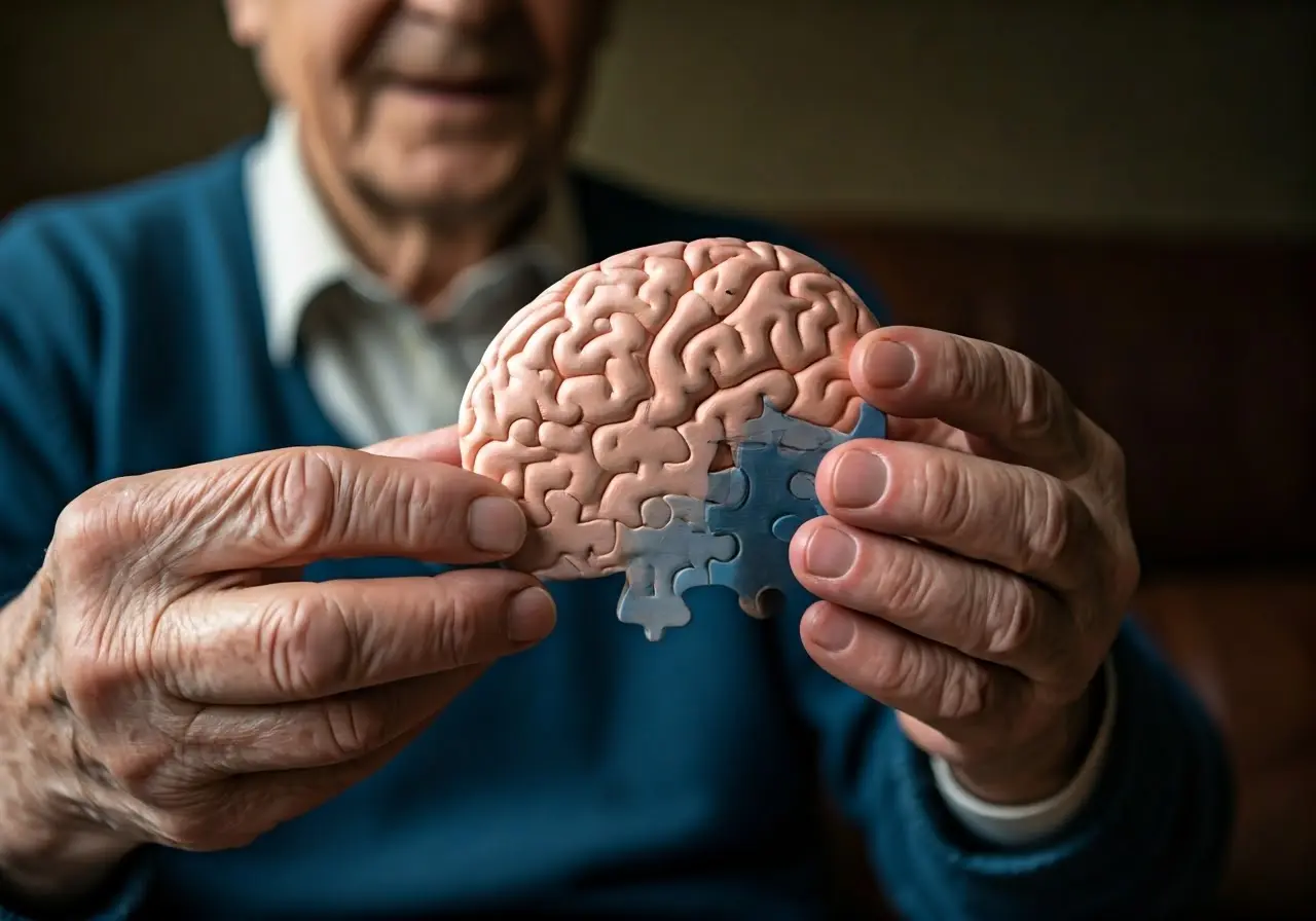 An elderly person holding a brain-shaped puzzle piece. 35mm stock photo