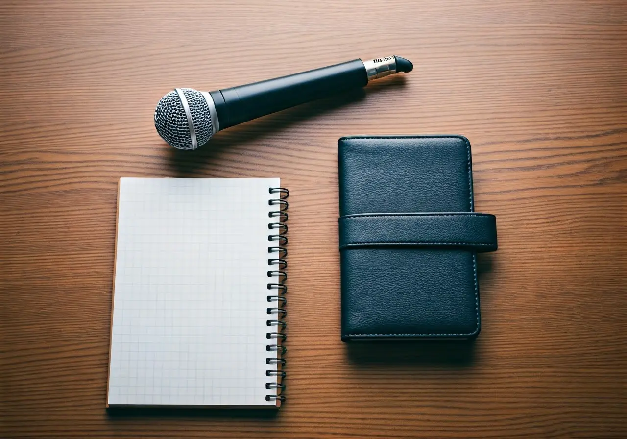 A microphone and notebook on a wooden desk. 35mm stock photo