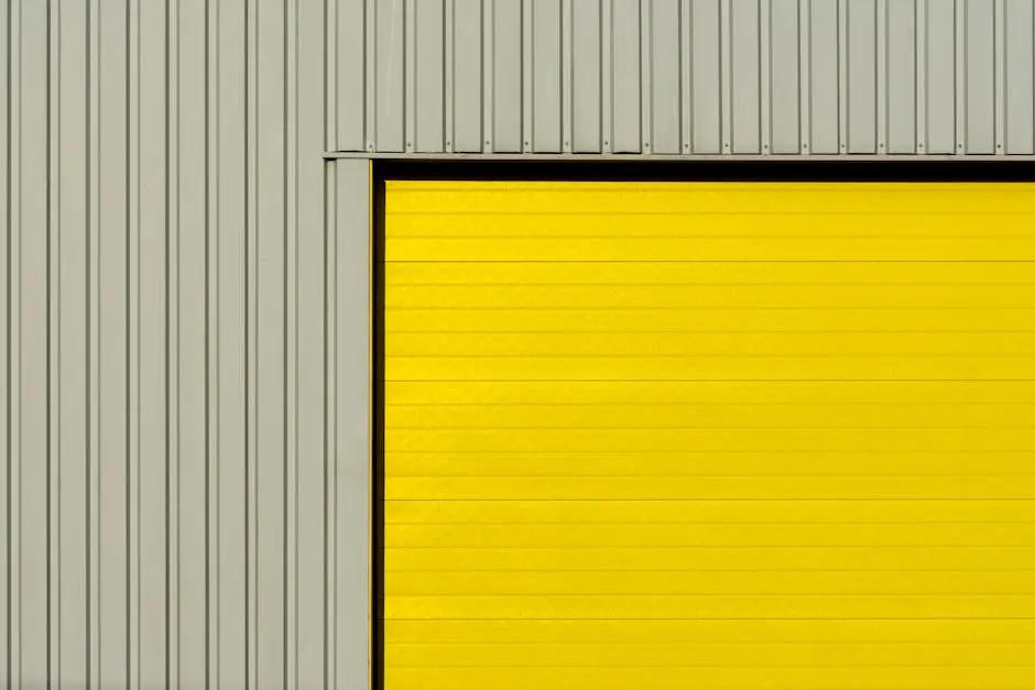 Close-up of a modern garage door with yellow paneling and corrugated grey metal walls.