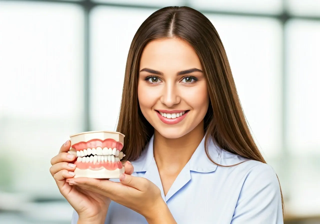 A smiling woman holding a model of healthy teeth. 35mm stock photo