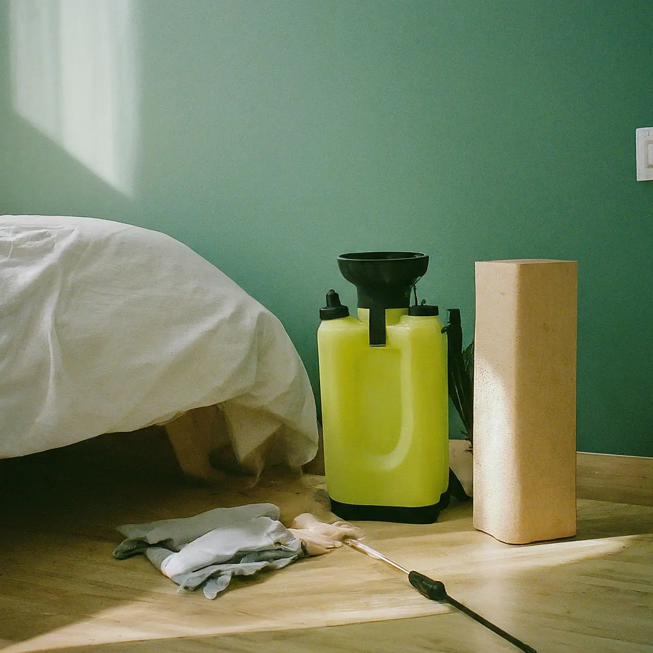 A bed with eco-friendly pest control tools nearby. 35mm stock photo