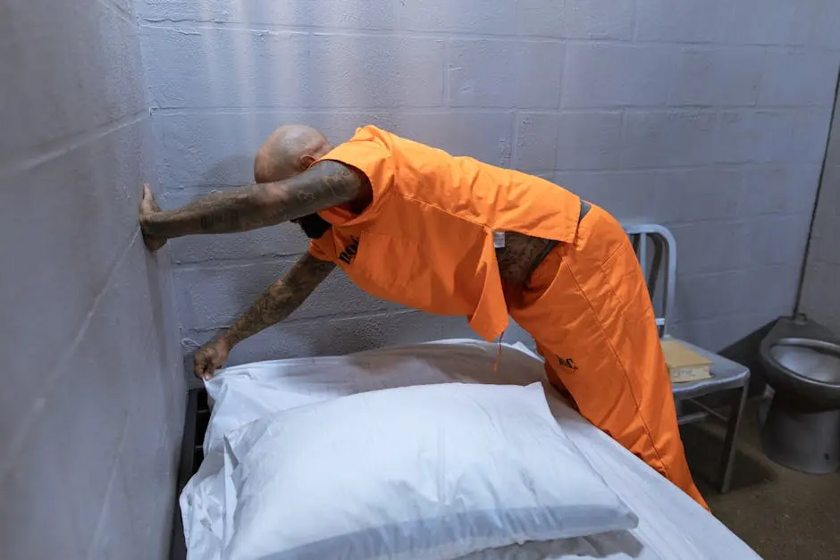 Inmate in orange uniform making bed in a concrete prison cell with minimal furnishings.