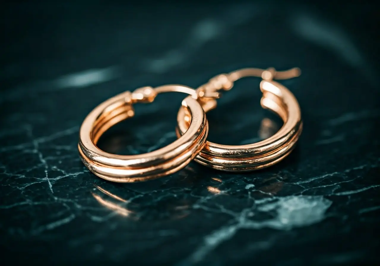 Close-up of gold hoop earrings on a marble surface. 35mm stock photo