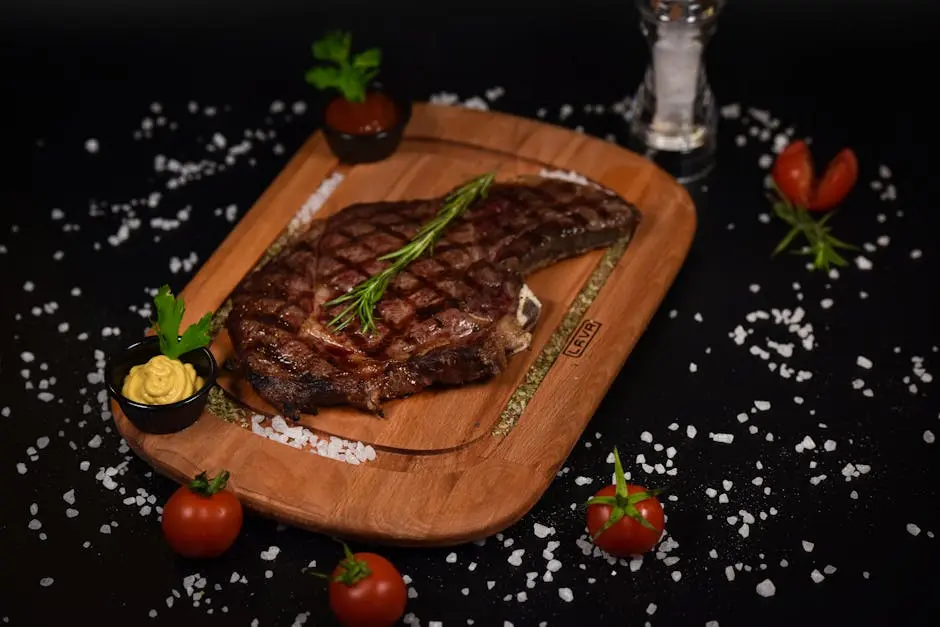 Delicious grilled ribeye steak with rosemary, seasoning, tomatoes, and mustard on a wooden board.