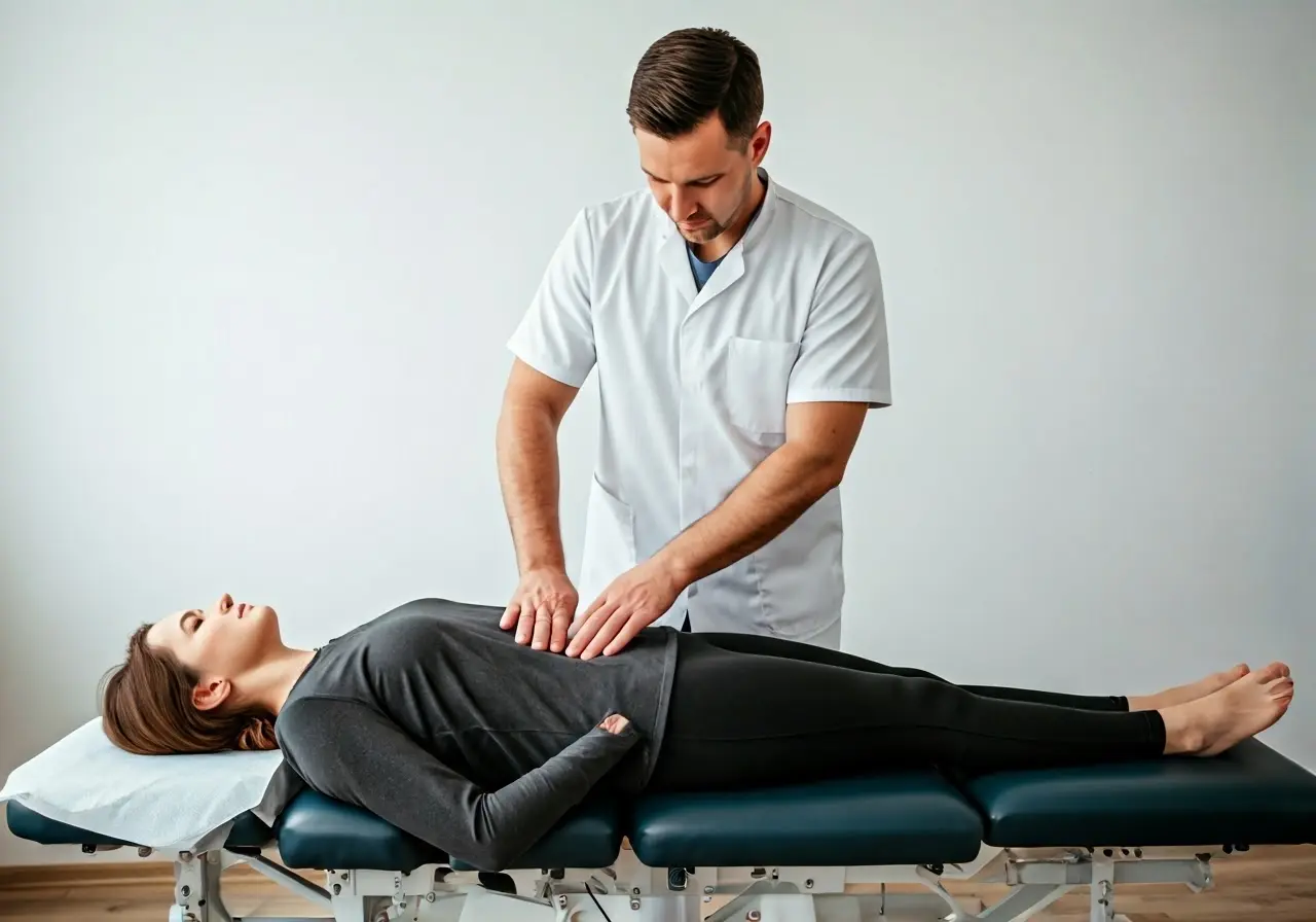 A chiropractor adjusting a patient’s spine in a bright room. 35mm stock photo