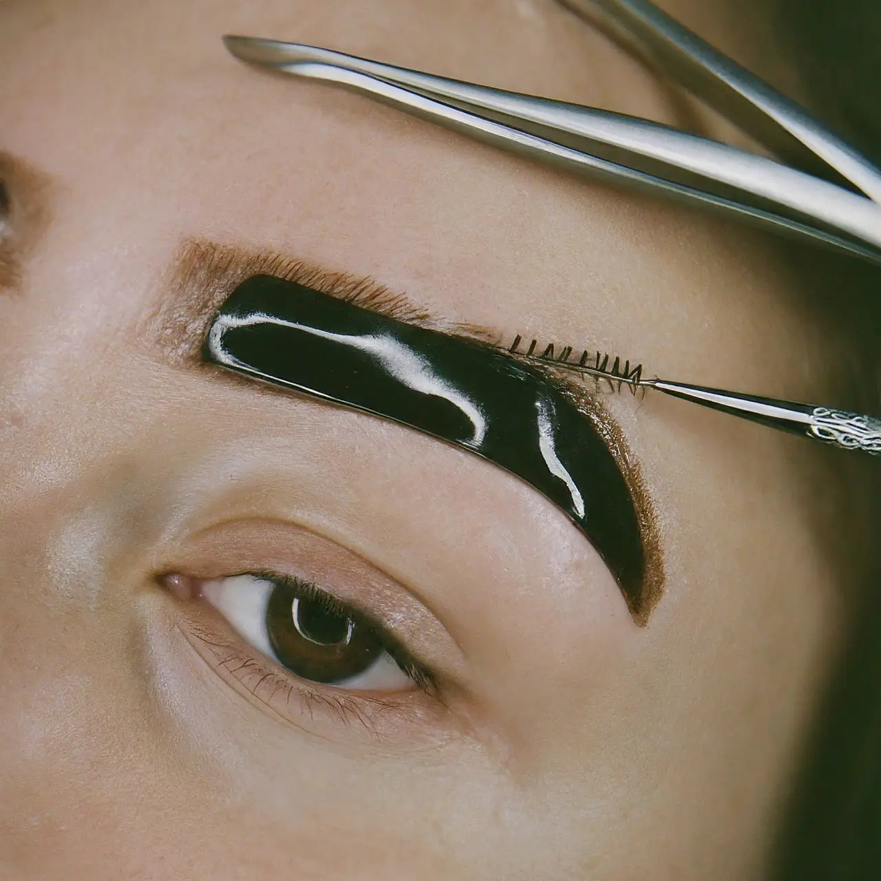 A set of neatly laminated eyebrows with beauty tools nearby. 35mm stock photo