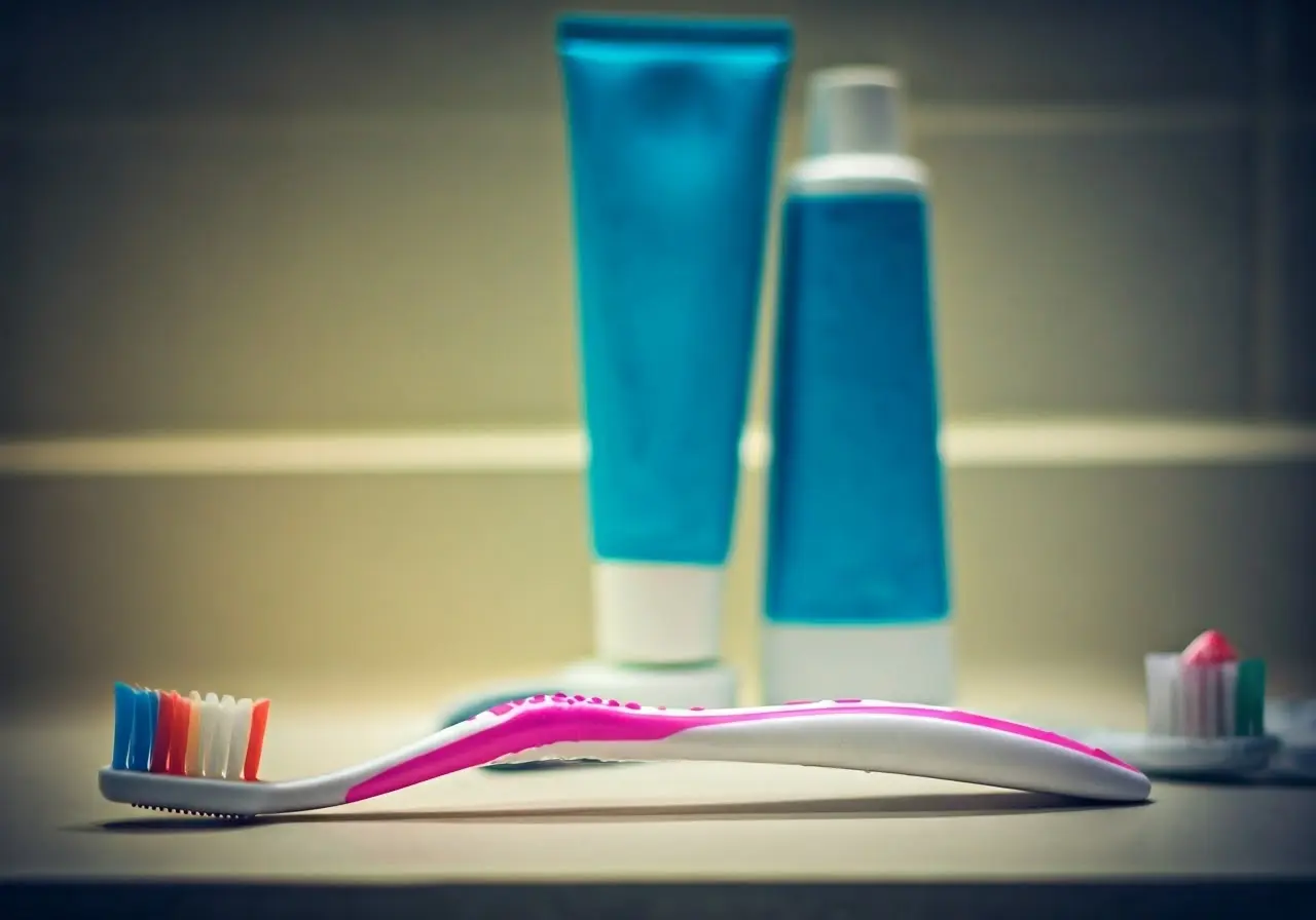 A colorful toothbrush and toothpaste set on a bathroom counter. 35mm stock photo