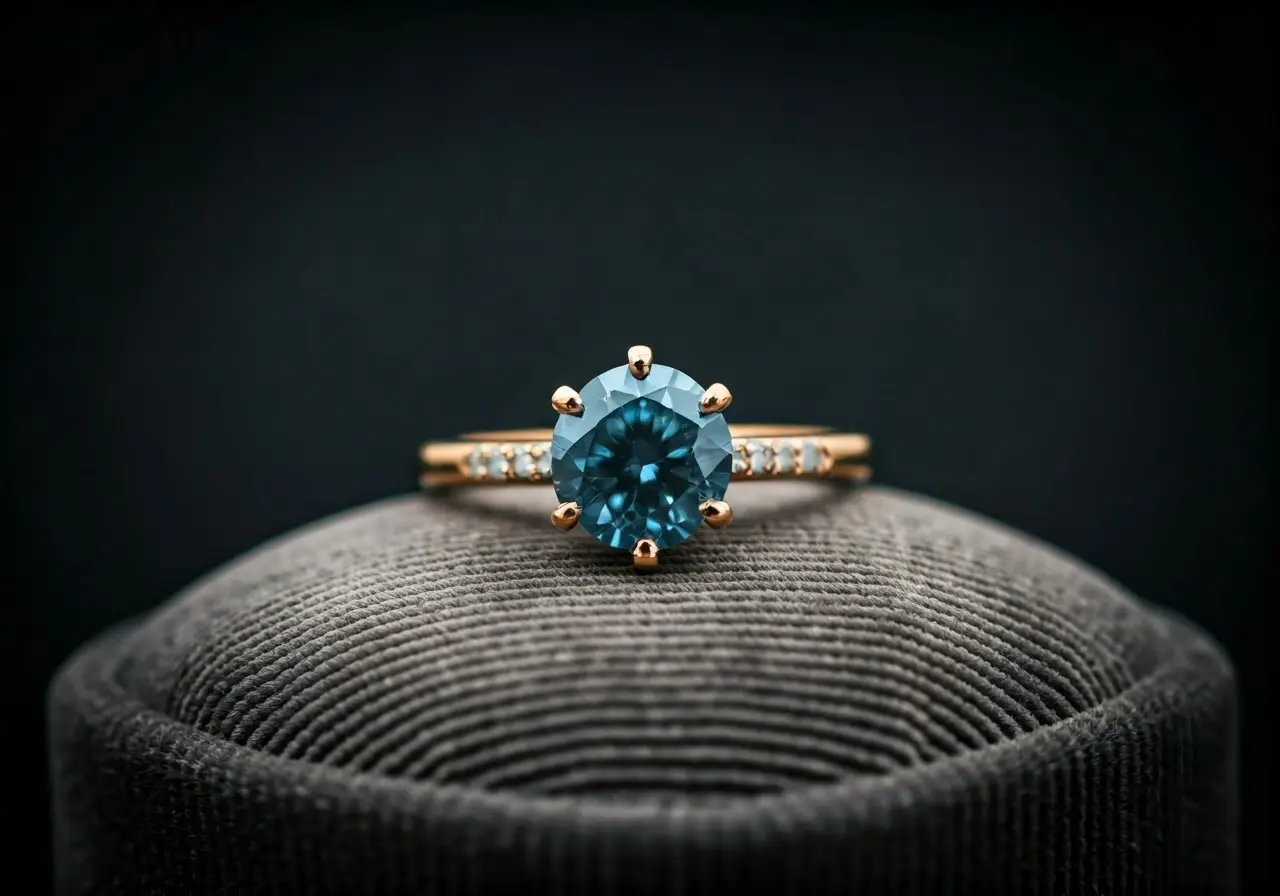 A sparkling blue diamond ring on a velvet cushion. 35mm stock photo