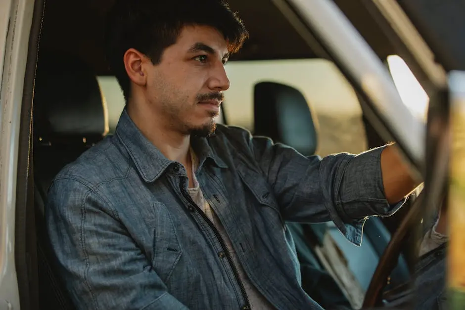 Crop concentrated young bearded male traveler in stylish clothes driving car during road trip in countryside at sunset