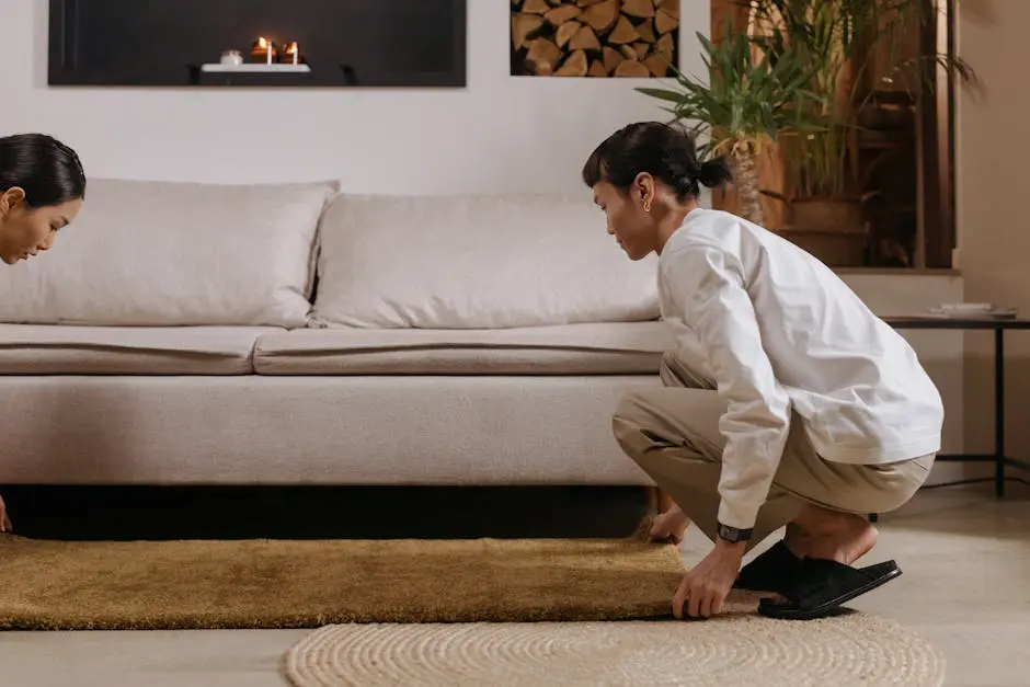 A Man in a White Sweater Fixing the Carpet in a Living Room