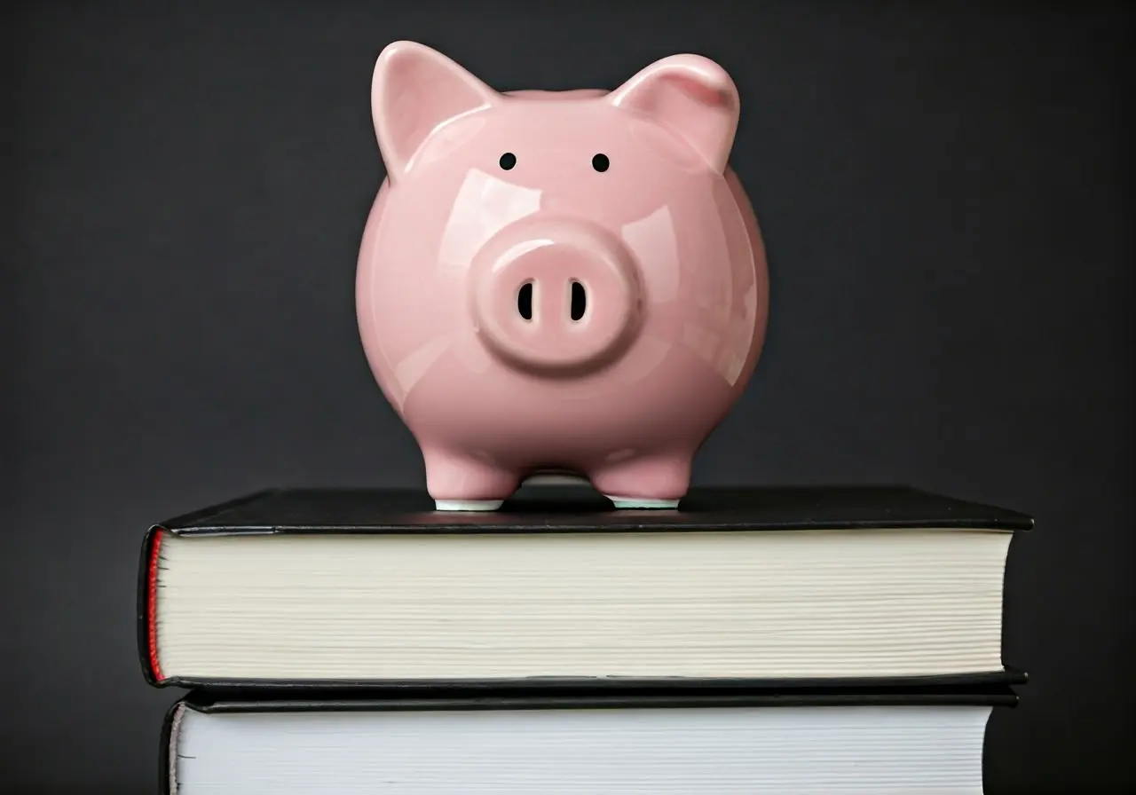 A piggy bank on a stack of financial books. 35mm stock photo