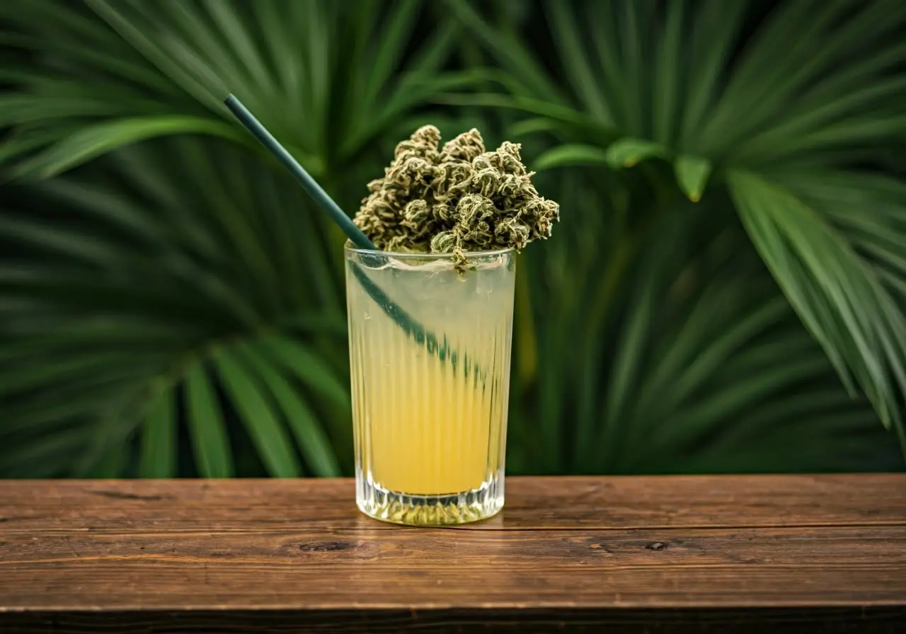 A refreshing cannabis hangover drink with lush greenery backdrop. 35mm stock photo