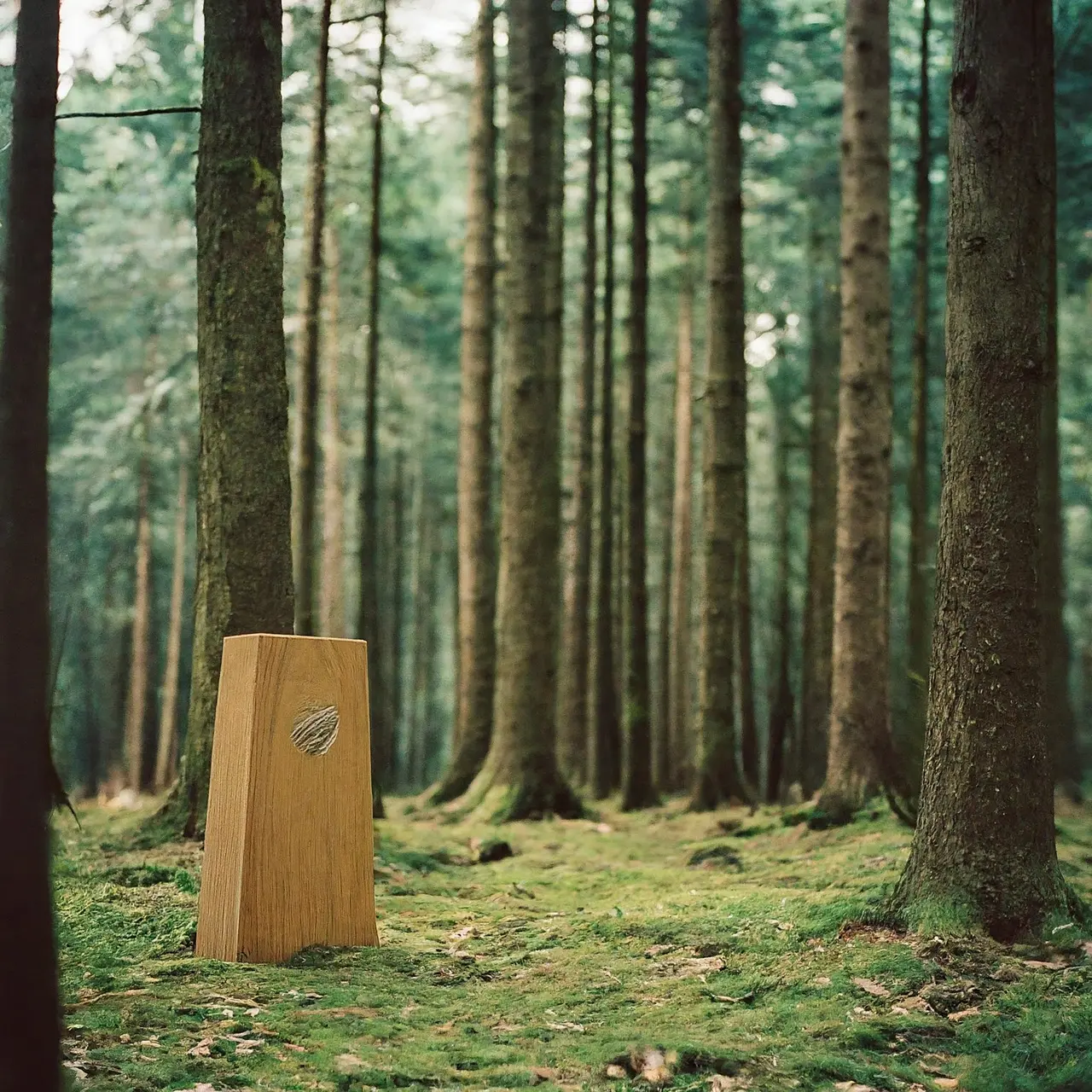 A tranquil forest clearing with a simple eco-friendly memorial marker. 35mm stock photo