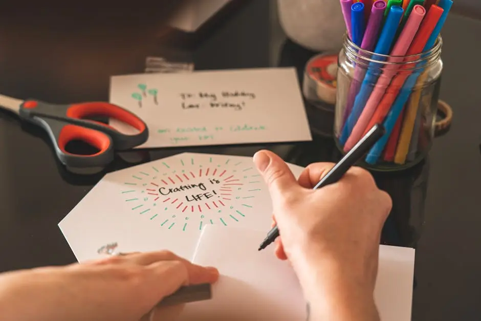 A creative workspace featuring colorful markers, scissors, and a handwritten card reading ‘Crafting is Life!’.