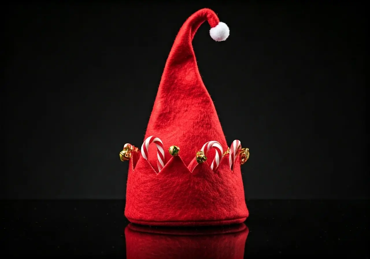 A playful elf hat with jingle bells and candy canes. 35mm stock photo