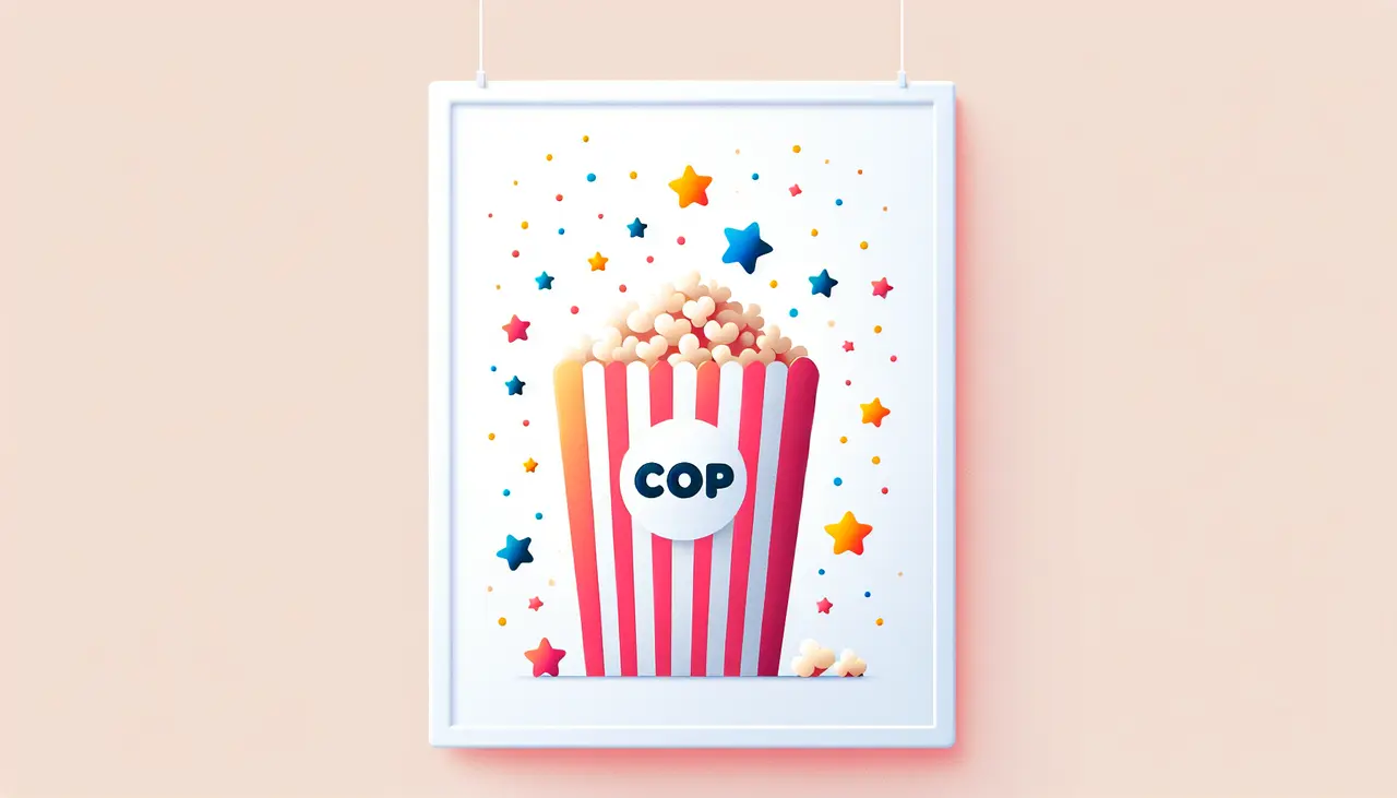 Draw a graphic in flat design style. Illustration of a popcorn bag with a few scattered, colorful star-shaped confetti pieces around it.