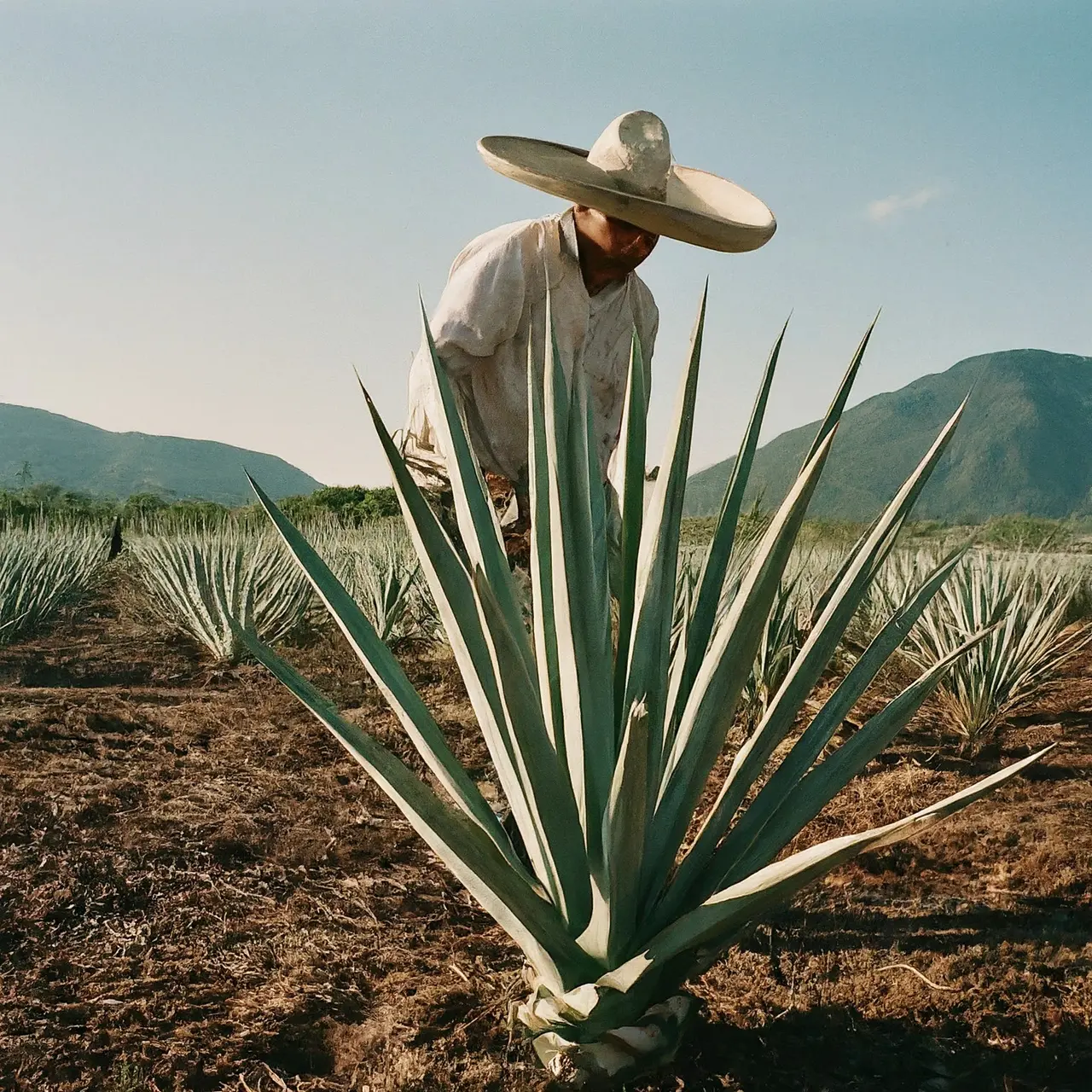 A jimador harvesting agave in a sunlit field. 35mm stock photo