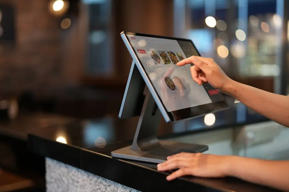 Close-up of a hand interacting with a touchscreen POS system in a restaurant setting.