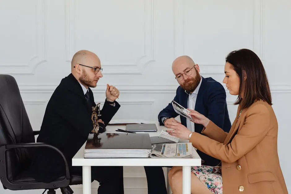 A group of professionals discussing and reviewing documents in an office setting.