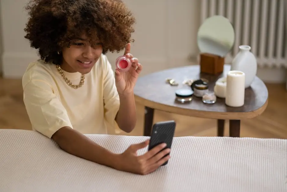 Young woman recording a video review of beauty products using a smartphone indoors.