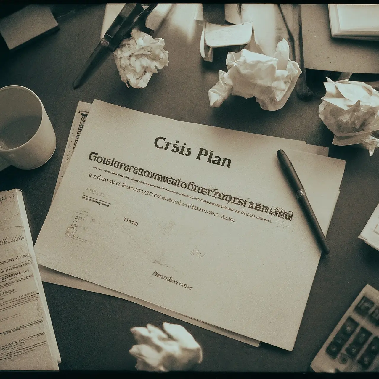 Crisis response plan documents on a cluttered office desk. 35mm stock photo