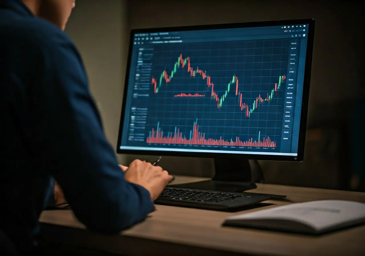 A person analyzing financial charts on a computer screen. 35mm stock photo