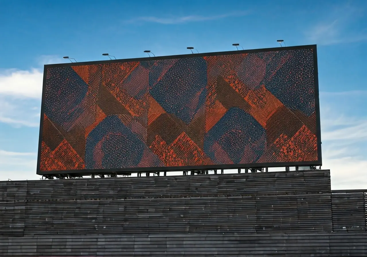 A vibrant, modern billboard with geometric patterns and bold colors. 35mm stock photo