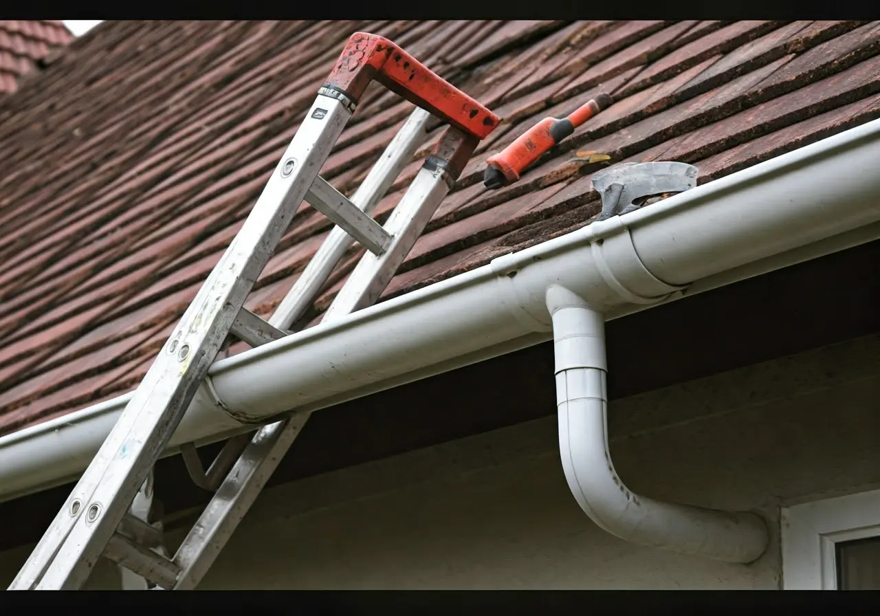 A ladder and tools beside a rain gutter on a house. 35mm stock photo