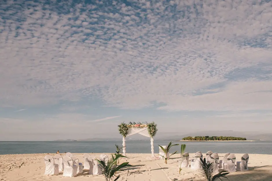 Beach wedding ceremony setup on a tropical island in Fiji with ocean views.