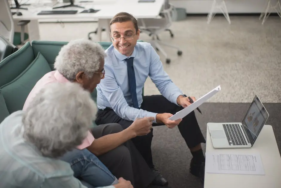 Consultant discussing financial plans with senior clients in a modern office setting, using documents and a laptop.