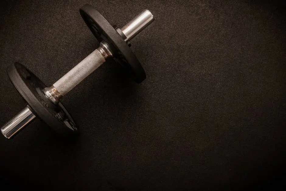 Loadable dumbbell on the floor at the gym. Top down view flat lay with bodybuilding equipment on a black background and empty space for text. Fitness, weight training or healthy lifestyle …