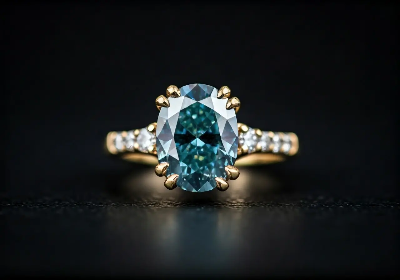 A close-up of a blue diamond set in a ring. 35mm stock photo