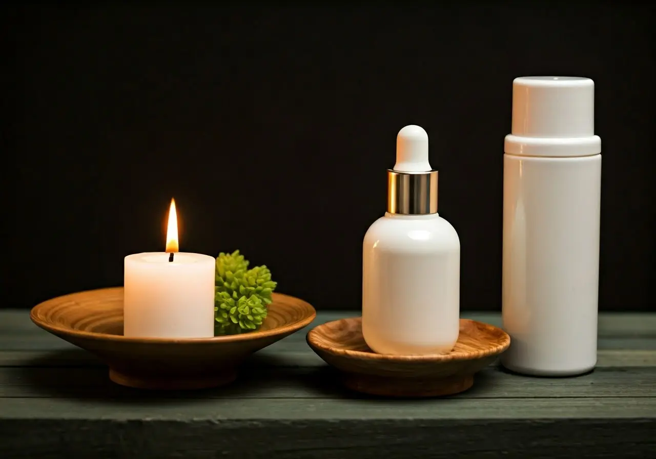 A serene spa setting with scented candles and skincare products. 35mm stock photo