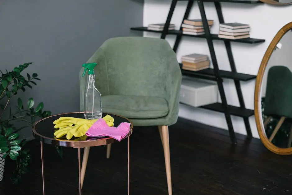 Clean and organized living room with modern decor featuring cleaning supplies on a table.