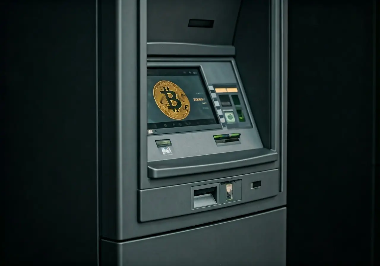 A Bitcoin ATM machine in a busy urban environment. 35mm stock photo