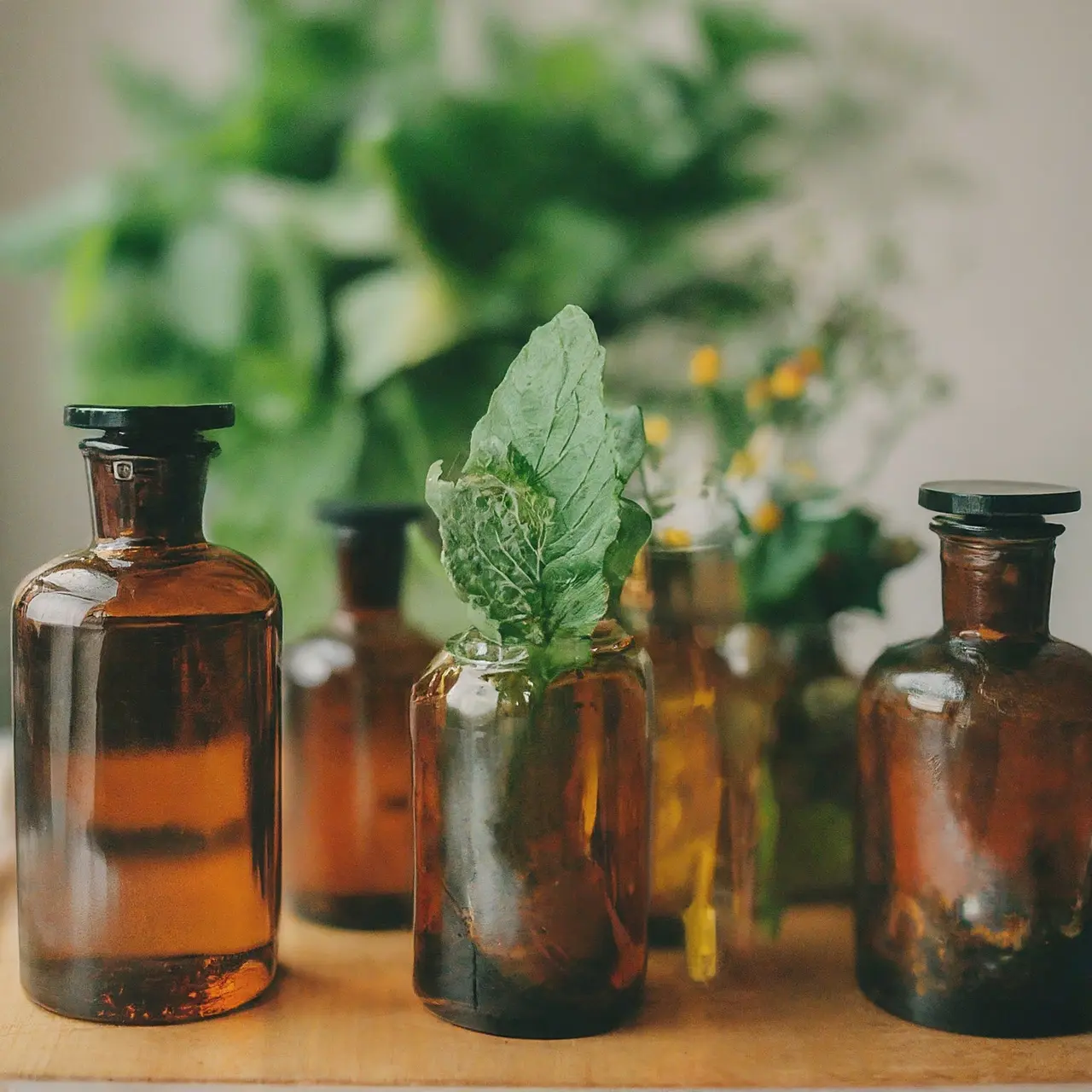 A variety of herbal extracts in small glass bottles. 35mm stock photo