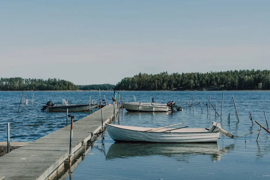 Tranquil view of wooden boats moored at a pier surrounded by lush forest and clear blue skies.