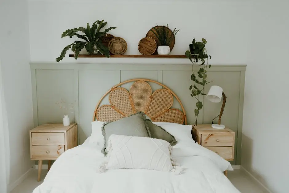 A serene bedroom with natural elements, featuring cozy bedding and indoor plants.