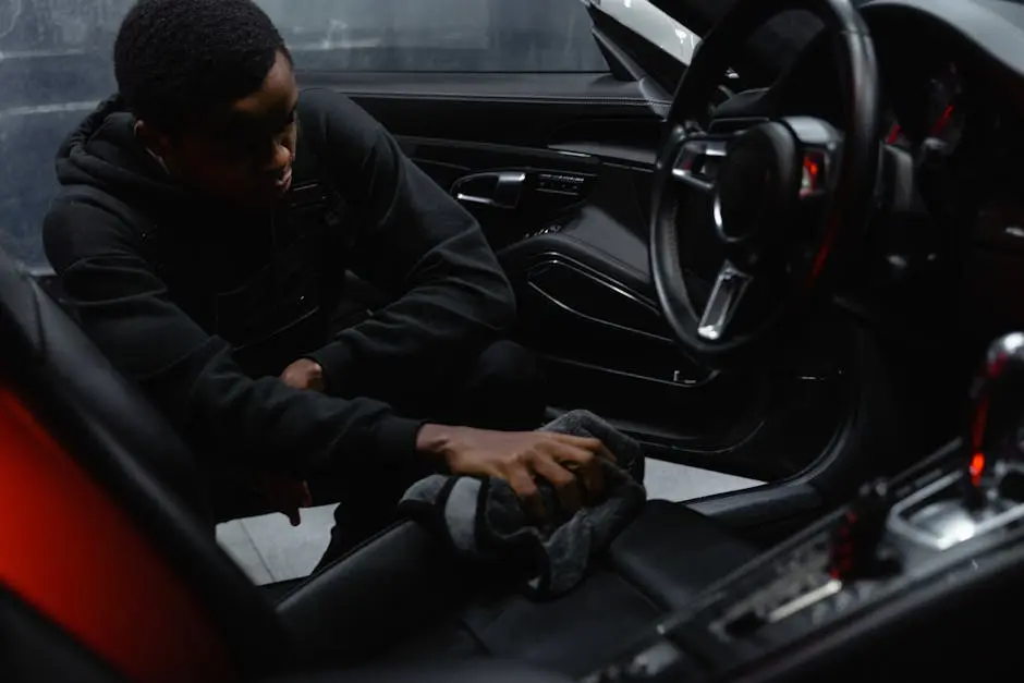 A man wipes the interior of a car for a thorough cleaning, focusing on detailing and maintenance.