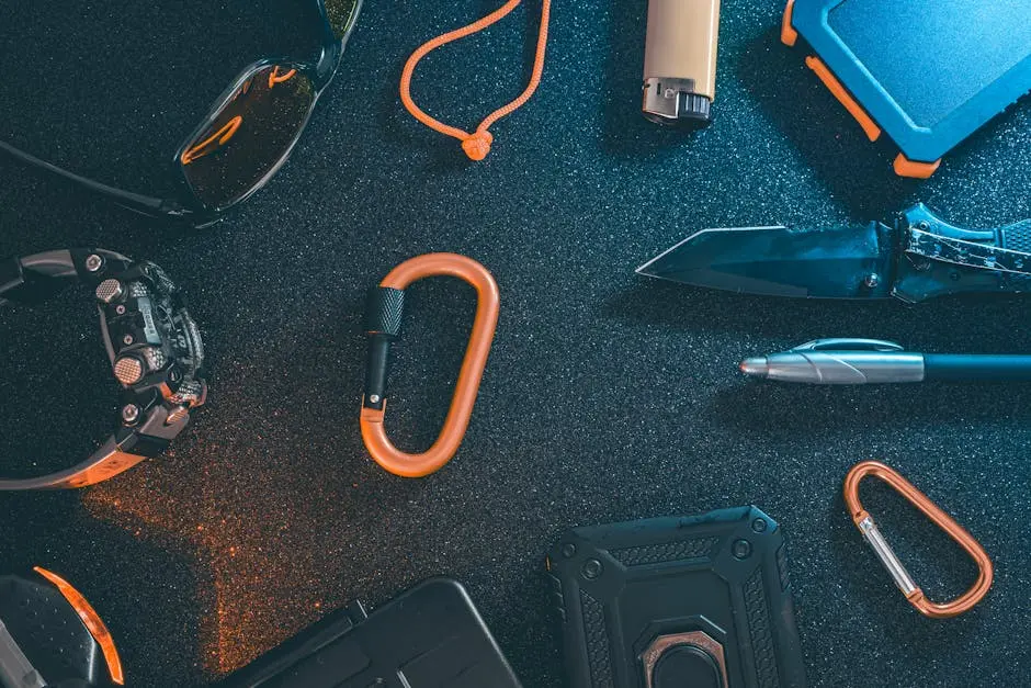 Flat lay of some Outdoor/EDC gear on a dark background.