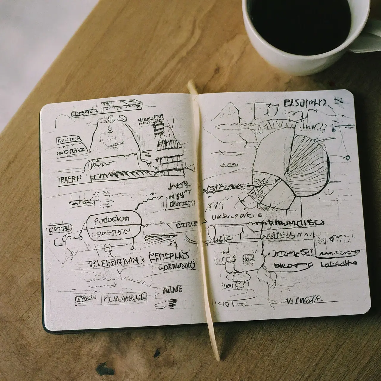 An open notebook with a brainstorming diagram and a coffee cup. 35mm stock photo