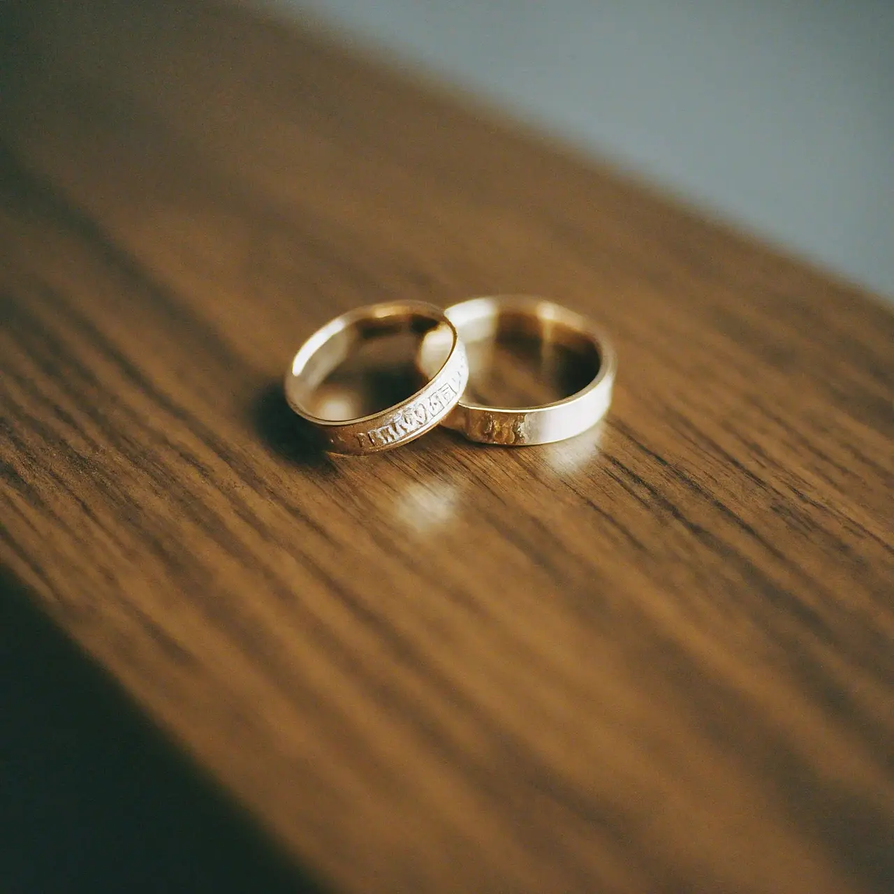Two custom wedding bands on a wooden surface. 35mm stock photo