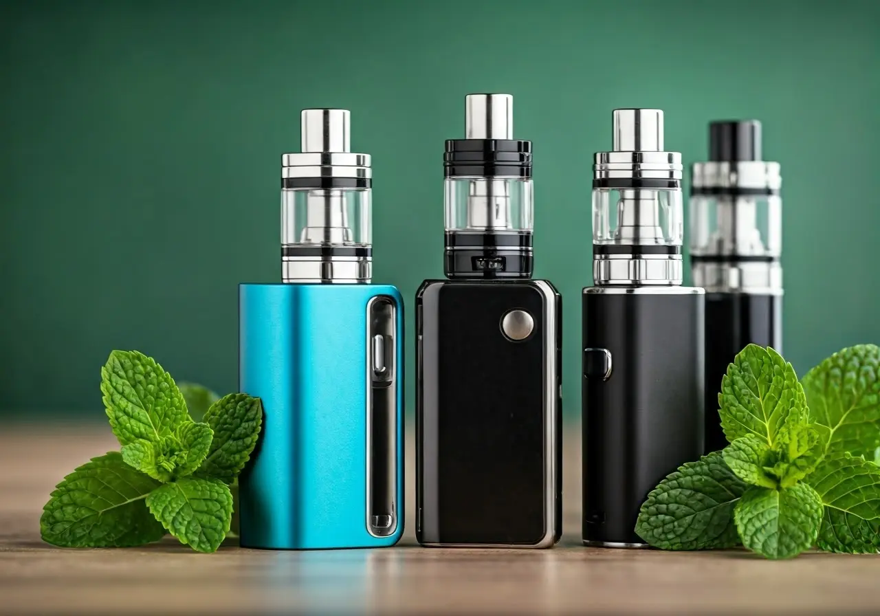 A variety of mint vape devices with fresh mint leaves. 35mm stock photo