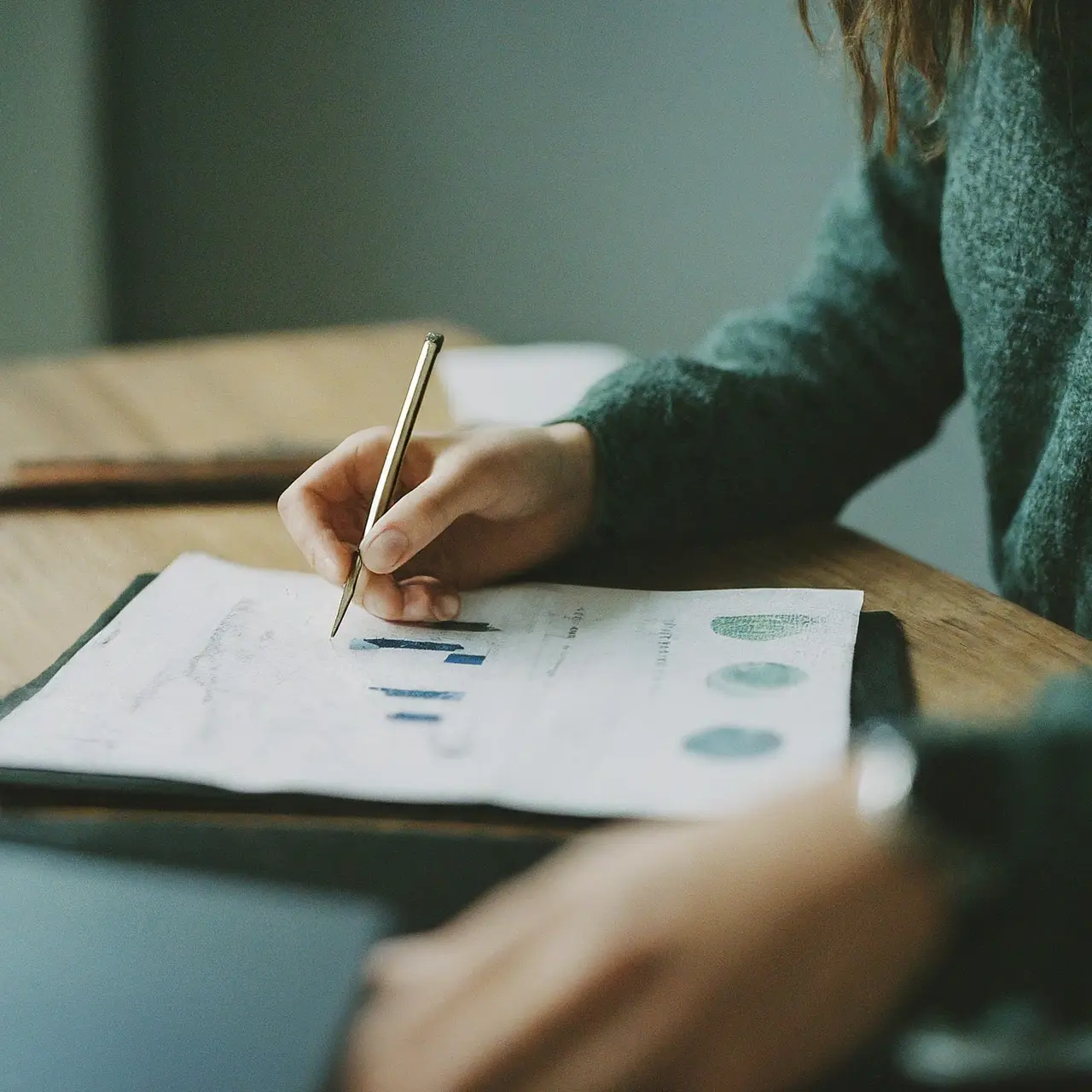 A close-up of a small business owner analyzing financial charts. 35mm stock photo