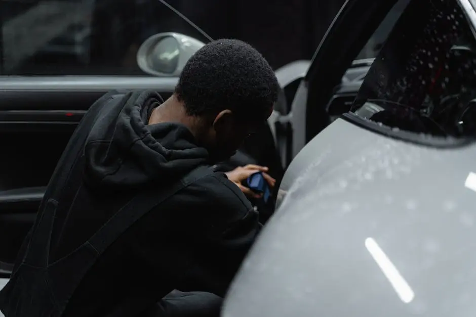 A person is meticulously detailing a luxury car interior under dim lighting, highlighting precision and care.