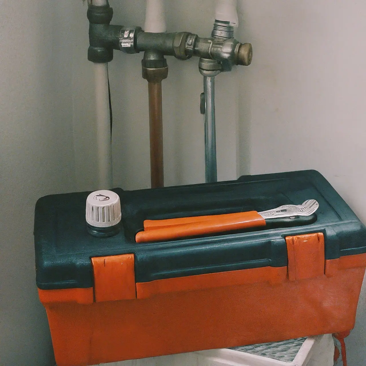 A thermostat and heating system with a repair toolbox. 35mm stock photo