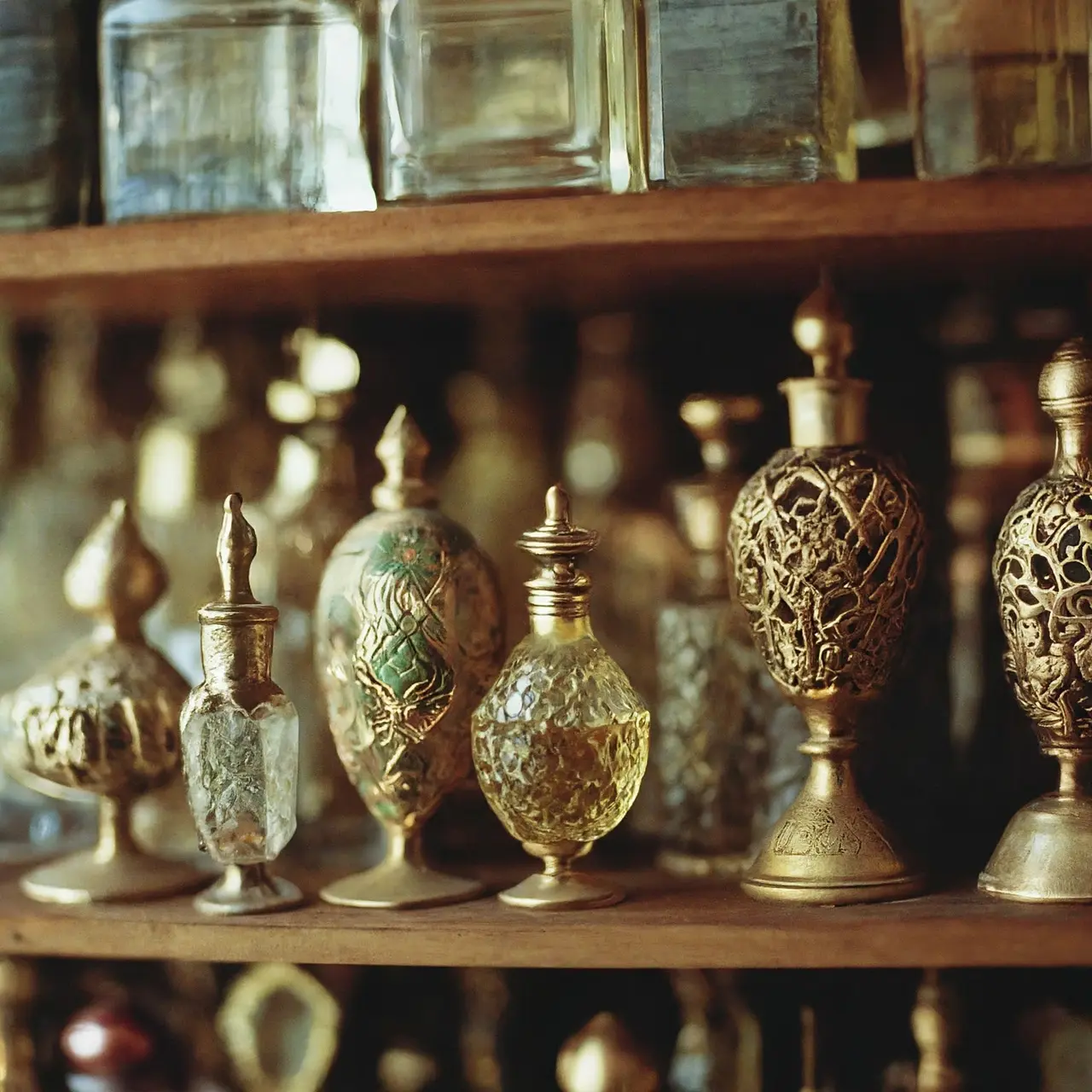 An array of exotic perfume oil bottles on a shelf. 35mm stock photo