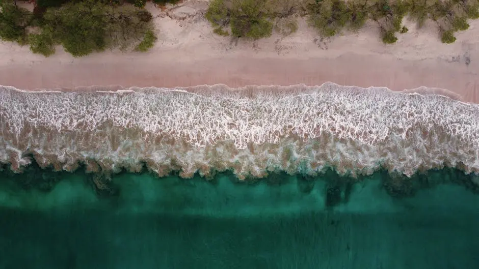 Discover the beautiful waves and sandy beach of Playa Flamingo in Costa Rica with an aerial perspective.